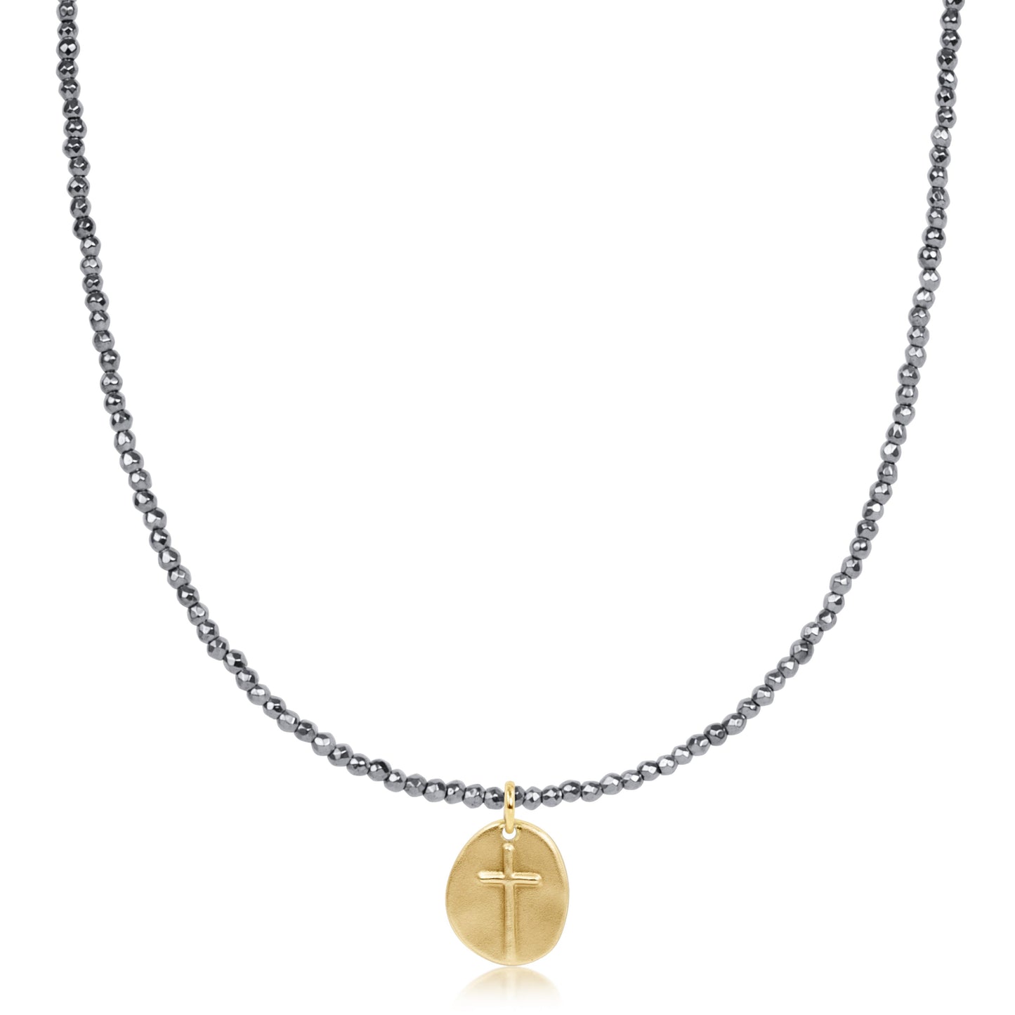 choker silver faceted hematite 2mm bead - inspire small gold charm