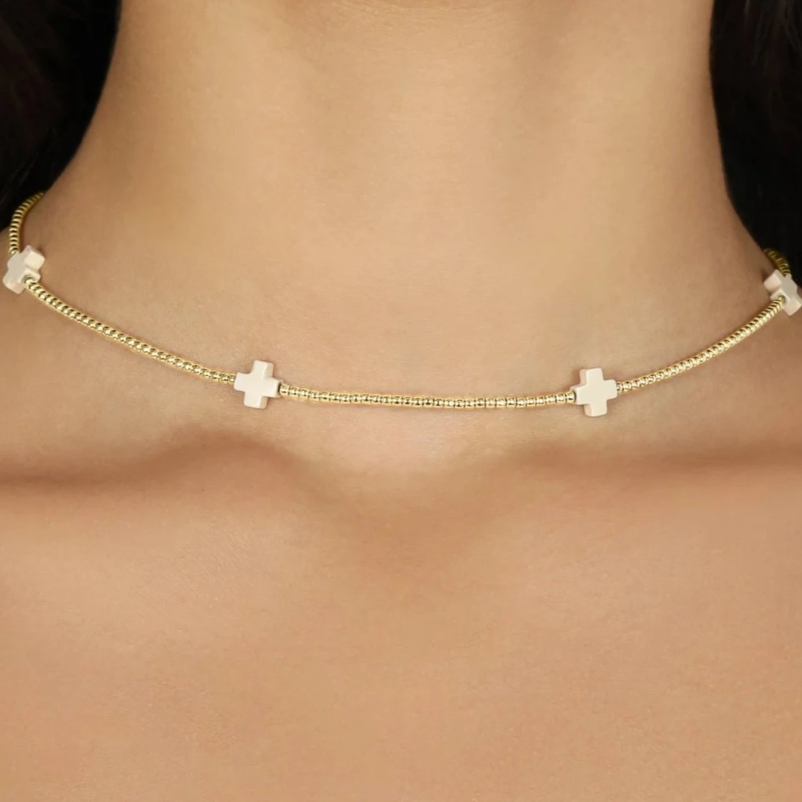 15" Choker Signature Cross Gold Pattern 2mm Bead - Off-White