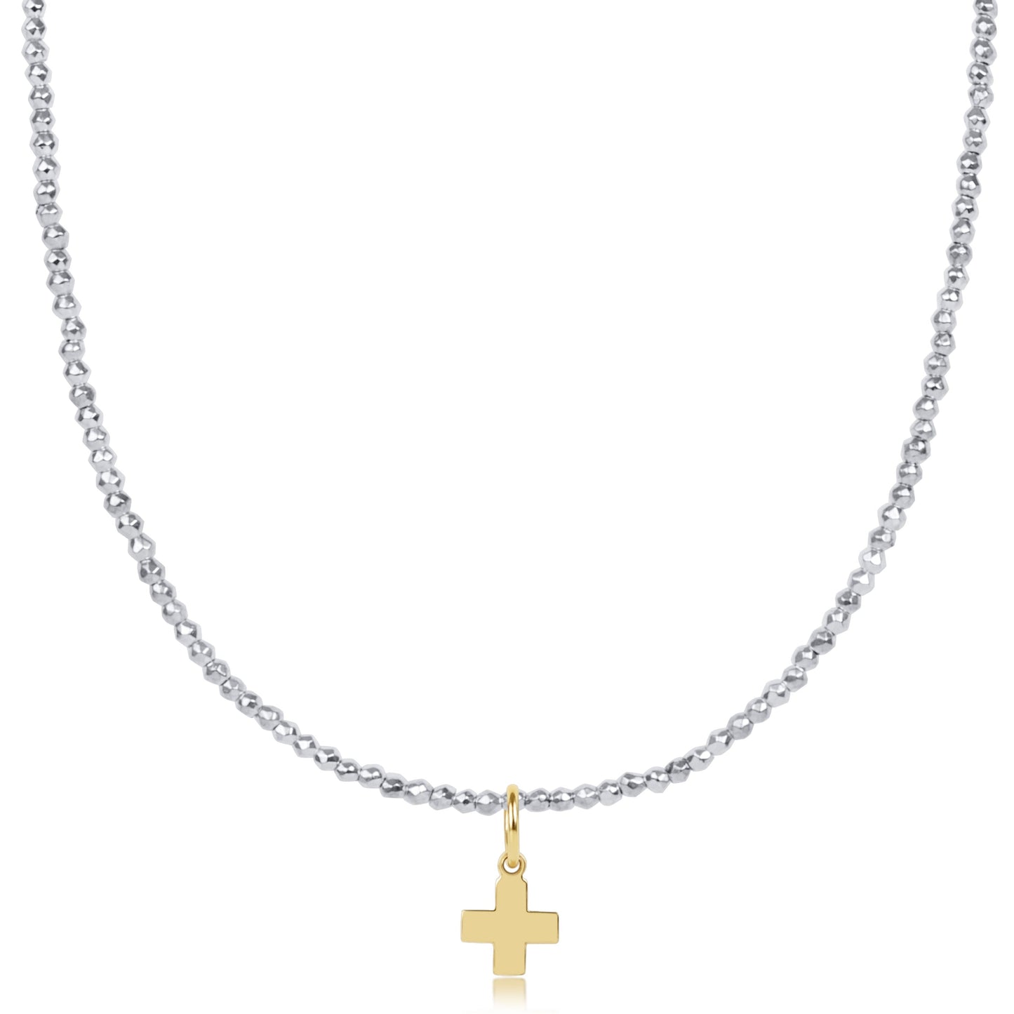 choker bright silver faceted hematite 2mm bead - signature cross gold charm