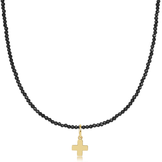 choker faceted hematite 2mm bead - signature cross gold charm